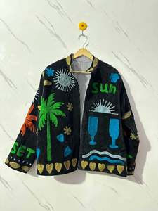 Sunset Embroidered Cotton <b>Jacket</b> With Palm Trees And Floral Design <b>Mandarin</b> <b>Collar</b> Full Sleeve Summer Vacation Style - Product Image 4
