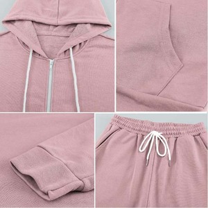 Conjunto Deportivo con Capucha Rosa para Mujer, Color Sólido, Manga Larga, Pantalones con Cordón, Corte Holgado Informal, Ropa de Otoño - Product Image 3