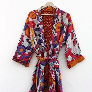 Nueva llegada indio hecho a mano viejo Kantha edredón Kimono chaqueta clásica Kimono largo con cinturón y chaqueta de cuello grande para mujer - Product Image 1