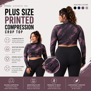 Haut court imprimé grande taille pour femme, à manches longues, de compression, col montant, pour le sport et l'entraînement, sous-vêtement de base, débardeur court - Product Image 2