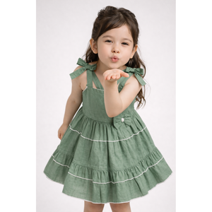 Vestido Casual de Algodón Tejido para Niñas, con Lazos en los Hombros, Color Verde Salvia - Product Image 2