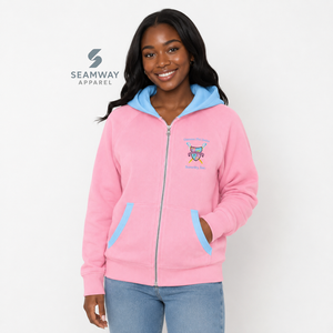 Sweat-shirt décontracté pour femme Gamma Phi Delta Sorority, à capuche zippée, couleur beige contrastant, fermeture éclair intégrale, manches longues, lettres grecques brodées - Product Image 5
