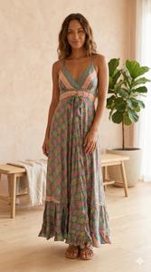 Talla Única, Estilo Y2K Boho, Vestido Largo de Seda Natural Tejida, Corte en A, Estampado Floral Paisley, Estilo Coreano, Primavera-Verano, Cuello en V, Sin Mangas, Casual, para Uso Diario - Product Image 3