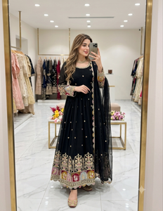 Luxury Blooming Georgette Multi Sequin Dori Work Anarkali Gown Micro Silk <b>Trousers</b> Dupatta Readymade Dress Set UW 815 - Product Image 5