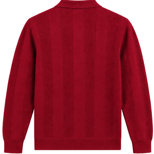 Suéter Polo Rojo Rubí para Hombre, Manga Larga, Diseño de Punto con Rayas Verticales Texturizadas, Puños Acanalados, Camisa Casual Premium - Product Image 2