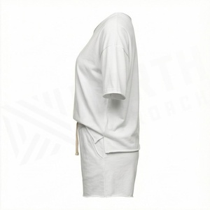 Women's <b>2</b> <b>Piece</b> Knitted Cotton Shorts <b>Set</b> Asymmetrical Neck Short Sleeve Loose Fit Solid <b>White</b> Casual Spring Summer Wear - Product Image 3