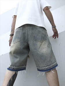 Casual Cotton Plus Size <b>Drawstring</b> Ripped Denim Shorts <b>Men</b> Custom logo Distressed Raw Hem Loose <b>Men</b> Jorts Washed <b>Jean</b> Shorts - Product Image 2