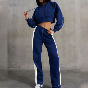 Women's Navy Blue <b>Cropped</b> Zip Up Hoodie White Contrast <b>Stripe</b> Jogger Pants 2 Piece Athletic Tracksuit Set Custom Sportswear - Product Image 4
