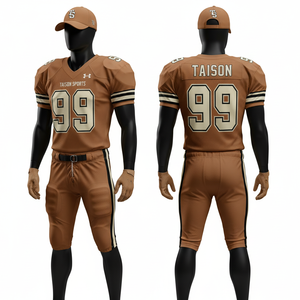 Uniforme de football américain pour hommes, 260 GSM, maille respirante en polyester, marron crème, panneaux de manches rayés, logo personnalisé en twill. - Product Image 1