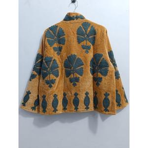 Veste d'hiver courte en velours rose pour femme avec col mandarin et broderie florale, doublure en coton - Idéale pour les fêtes et les cadeaux - Product Image 6