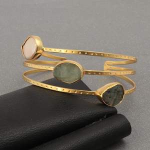Multi Stone Triple Row Gold <b>Cuff</b> Raw Aquamarine Moonstone Bangle | IGI Certified Buddhism Indian Origin | Wholesale Mixed - Product Image 4