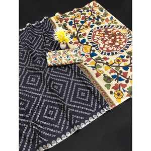 DESIGNER LINEN BANDHEJ DIGITAL PRINT WORK SAREE AVEC BOLUSE NON COUDU NOIR - Product Image 1