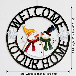 Welcome To Our Home Metal Hanging Sign Wreath Cute Winter Snowmen Couple With Snowflakes Perfect <b>Front</b> <b>Door</b> Christmas <b>Decoration</b> - Product Image 2