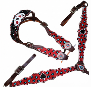 Ensemble de têtière et de collier de poitrail en cuir de style western pour chevaux - Couleur rouge, aspect cuir de vachette délavé argenté avec strass - Product Image 3