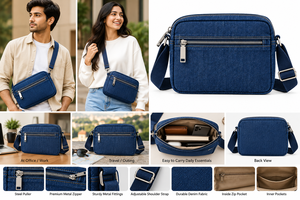 Sac messager unisexe en jean tendance avec bandoulière réglable, fermeture éclair, sac à bandoulière, sac de voyage écologique et durable - Product Image 4