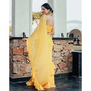 Sari Sharara tendance ethnique indien en viscose et mousseline, coupe trapèze, taille naturelle, pour festivals et mariages, jaune - Product Image 6