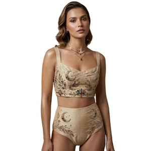 Modern Women's Mini Bodycon Swimwear Beachwear with Beaded Accents Breathable & Customizable <b>Knitted</b> Patchwork 2 Piece Set - Product Image 4