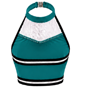 Haut court de cheerleading vert foncé, blanc et noir sans manches, pour femmes et filles, uniforme de performance athlétique, vêtement de sport d'équipe - Product Image 2