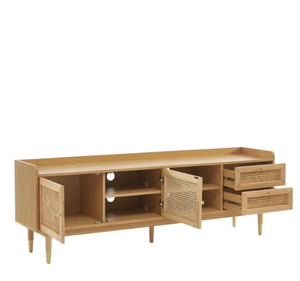 Buffet moderne en teck massif avec porte en rotin, style scandinave, armoire de rangement en bois - Product Image 6