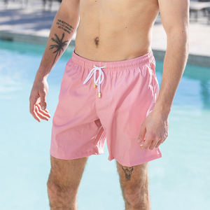 Short de bain rose uni pour homme, séchage rapide, taille mi-haute, avec cordon de serrage, short de plage décontracté d'été avec poches - Product Image 5