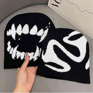 Hat Soft Comfortable Black Graphic Beanie for Men and Women Streetwear Knitted Slouchy <b>Goth</b> Skull Cap Urban Fashion Winter - Product Image 4