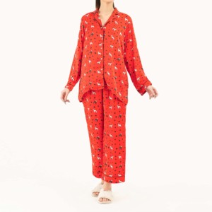 Ensemble de pyjama rouge pour femmes, grande taille, manches longues, col rond, longueur complète, classique, en popeline douce, vêtements de nuit, printemps - Product Image 1