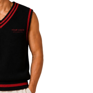 Gilet pull en maille pour homme, noir et rouge à rayures contrastées, col en V, sans manches, décontracté, léger, personnalisable avec logo, fabrication OEM - Product Image 4