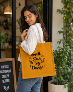 Jute Shopping Bag <b>Small</b> <b>Steps</b> Big Change Print Cotton Rope Handle 40x35x15cm Mustard Yellow Reusable Tote Bag - Product Image 4