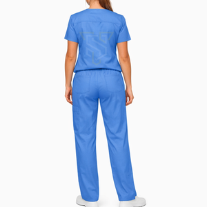 Women's Blue <b>Scrub</b> <b>Set</b> With Drawstring Pants Hospital Uniforms Woven Cotton Polyester Material - Product Image 2