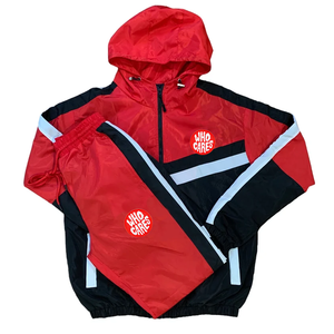 Unisex Red Black Color Blocking Hooded Tracksuit Set Windproof Zipper <b>Jacket</b> Drawstring Pants Streetwear Style Adult Spring Wear - Product Image 1