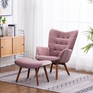 Fauteuil d'appoint contemporain Leiria en velours soyeux capitonné avec ottoman en mauve pour salon - Product Image 1