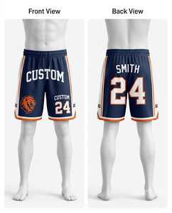 Pantalones Cortos de Baloncesto Personalizados para Hombre, Azul Marino y Naranja, Impresión por Sublimación, Logotipo 24 Smith en la Pierna Derecha, Cintura Elástica, Talla Grande, Estilo Casual - Product Image 1