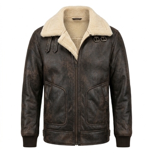 Veste en cuir véritable pour homme, style aviateur, épaisse, pour l'hiver, doublure en sherpa vintage, lavée - Product Image 1