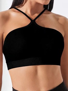 Women Criss Cross <b>Neck</b> Seamless Sports Crop Top Four Way Stretch Gym Training Bra Removable <b>Padded</b> Athleisure Apparel - Product Image 4