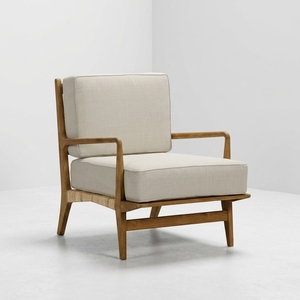 Fauteuil en bois rembourré moderne en tissu crème pour salle d'attente, hall d'accueil, chambre d'hôtes - Fournisseur de mobilier - Product Image 2