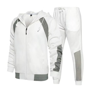 Ensemble de survêtement unisexe blanc et gris à blocs de couleur, sweat-shirt à capuche zippé à manches longues et pantalon décontracté pour adultes, idéal pour l'automne - Product Image 1