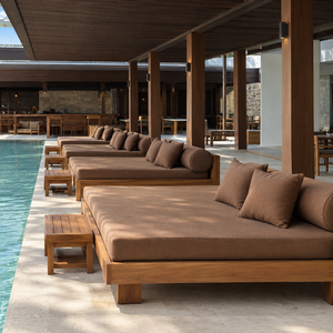 Solid Teak Wood Outdoor Daybed Lounge <b>Bed</b> with Brown Cushion and <b>Bolster</b> <b>Pillow</b> for Hotel Resort Villa Poolside Patio Furniture - Product Image 5