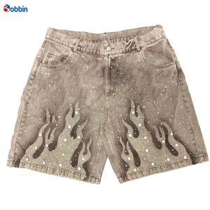 Pantalones Cortos de Mezclilla Vintage para Hombre, Estilo Hip Hop, Personalizados con Pedrería, Estampado por Pulverización, Pintados a Mano, Lavado Ácido, Largura hasta la Rodilla - Product Image 5