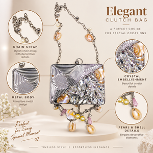 Elegant Metal Clutch <b>Handbag</b> with Chain Strap Crystal Embellishments <b>Pearl</b> Details for Evening Party Fashion - Product Image 6