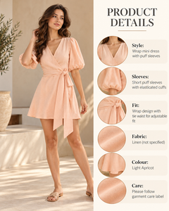 Vestido Corto Rosa con Cuello en V, Manga Corta, Corte en A, Cintura Ajustable con Lazo, Estilo Casual de Verano, 100% Algodón, Moderno - Product Image 3