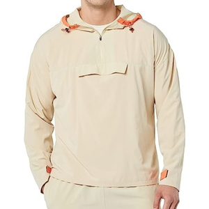 Blouson bomber beige à capuche pour homme, manches longues, fermeture éclair quart de tour, poche avant, séchage rapide, toile unie, couleur unie, automne, décontracté - Product Image 1