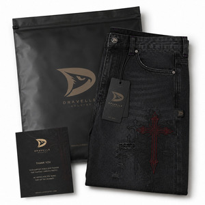 Gothic Cross Denim Jorts Light Wash Black Baggy Y2K Streetwear Summer Woven Mid Waist <b>Red</b> Embroidery Low MOQ Wholesale - Product Image 4
