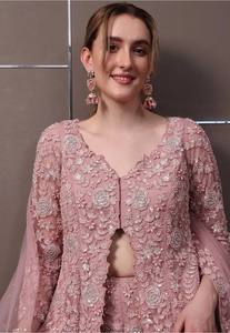 ชุดชาราร่าผ้าจอร์เจตต์สีชมพู ปักลายดอกไม้ แขนยาว ชุดผู้หญิงสำหรับงานแต่งงานและงานปาร์ตี้ - Product Image 6