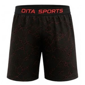 Shorts d'entraînement athlétiques imprimé marbre noir et rouge avec taille élastique, respirants, légers, pour la gym et le sport - Product Image 1