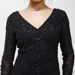 Elegant Black Sequined High-Waist Backless Lined A-Line Dress V-Neck Sleeveless <b>Floor</b>-<b>Length</b> Fitted Cocktail <b>Gown</b> Solid Front - Product Image 2