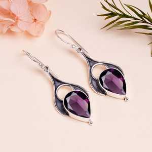 Amethyst Drop Earrings 925 Sterling Silver Dangle Pear Gemstone Women Luxury Handmade Jewelry Gift - Product Image 1