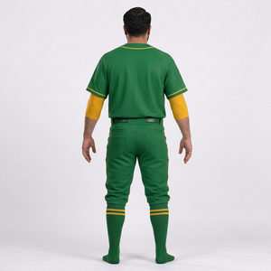 ชุดเบสบอลชาย สีเขียวเหลือง ชุดเสื้อเจอร์ซีย์และกางเกงขายาว แขนสั้น คอวี ระบายอากาศ ป้องกันแบคทีเรีย ซึมซับความชื้น - Product Image 2