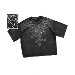 Camiseta de Alta Calidad Estilo Y2K con Cristales en Cascada, Diseño de Estrella, para Hombre, Manga Corta, Corte Holgado, Hombros Caídos, Patrón Personalizado Brillante - Product Image 5