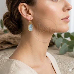 Handmade Raw Aquamarine <b>Earrings</b> Brass Gold Plated Natural Rough Aquamarine Drop <b>Earrings</b> Bohemian Artisan Gemstone Jewelry - Product Image 2