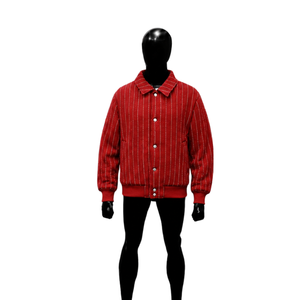 Chaqueta Varsity Roja de Lana con Rayas Blancas, Cuello Camisero, Cierre de Botones a Presión, Chaqueta Clásica de Béisbol con Letras Bordadas, Chaqueta de Moda para Hombre - Product Image 1